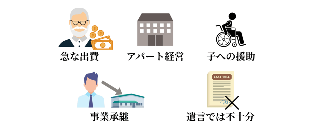 家族信託の検討するケーㇲを表した図(急な出費、アパート経営、子への援助、事業承継、遺言では不十分)